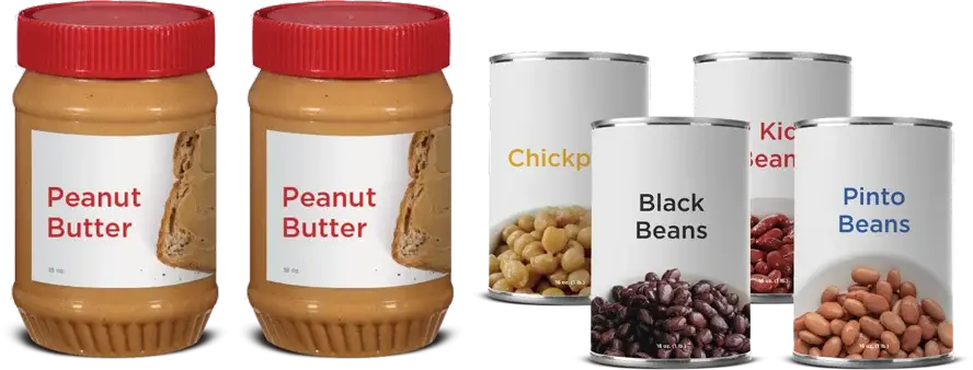 Peanut butter jars and assorted canned beans displayed.