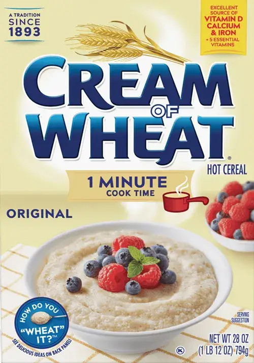 Cream of Wheat box featuring berries and a spoon.