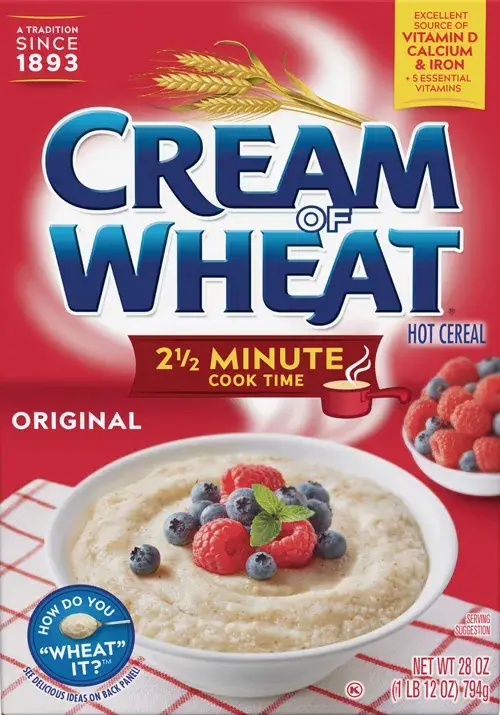 Cream of Wheat box with berry-topped cereal bowl.