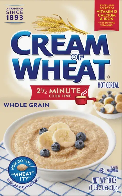 Cream of Wheat box with cooked cereal image.