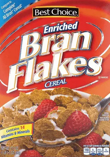 Bran flakes cereal box with strawberries on spoon.