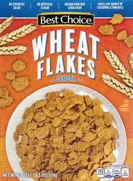 Cereal box with wheat flakes in bowl, orange background.