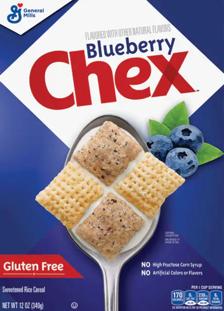 Blueberry Chex cereal spoon with fresh blueberries.