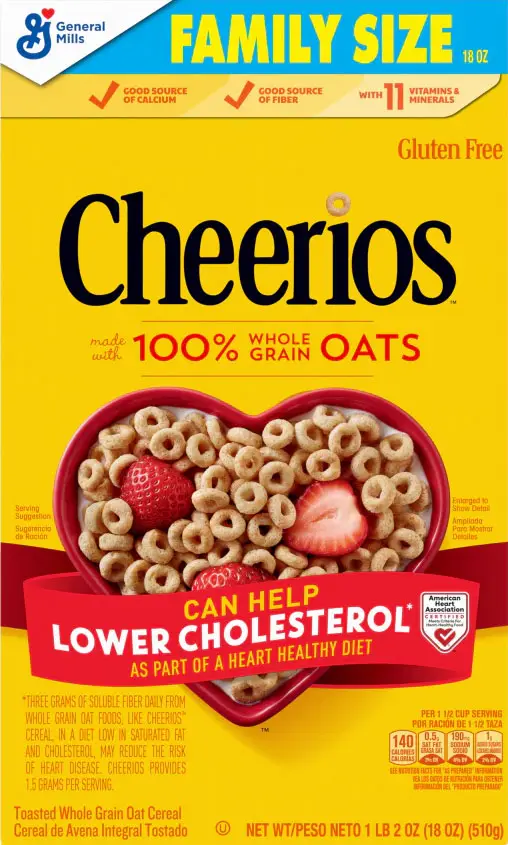 Cheerios box, heart-shaped bowl, promotes heart health benefits.