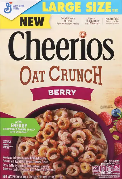 Cheerios Oat Crunch Berry cereal box with berries.