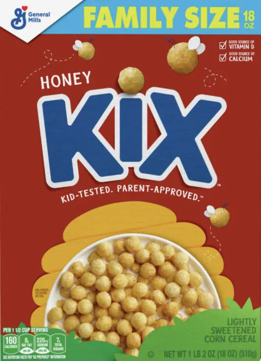 Honey Kix cereal box with corn puffs illustration.