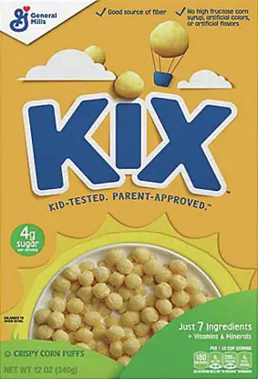 Kix cereal box with corn puffs and nutritional info.
