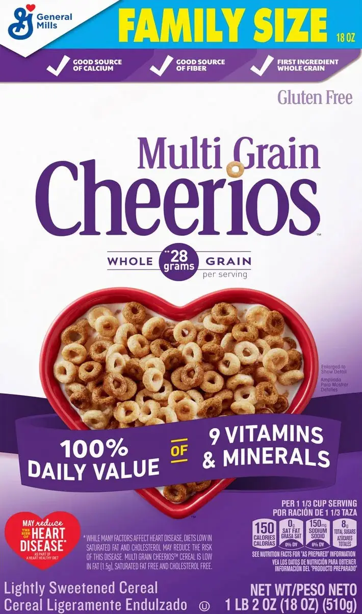 Multi Grain Cheerios in heart-shaped bowl, family size.