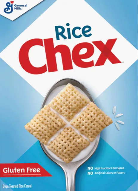 Spoon holding Rice Chex cereal squares. Gluten-free label.