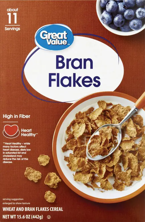 Cereal bowl with bran flakes and blueberries.