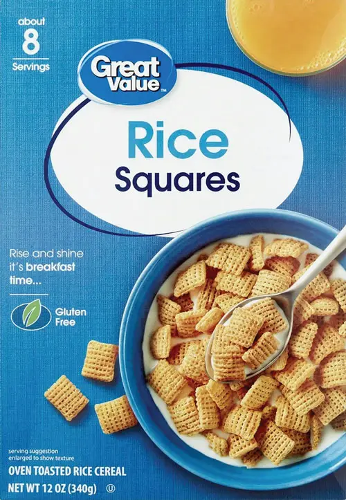 Cereal bowl with spoon and Rice Squares.