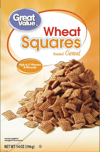 Cereal box showing wheat squares, high in vitamins.