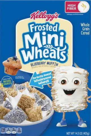 Cereal box featuring Frosted Mini-Wheats cartoon character.