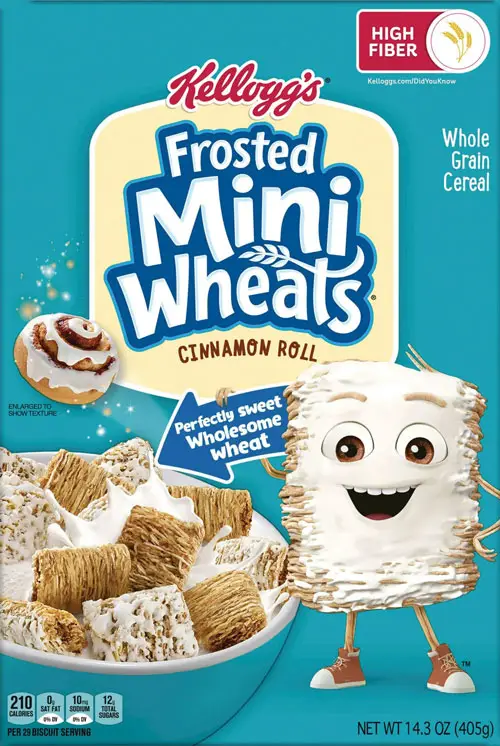 Animated frosted wheat character smiling, promoting cereal box.