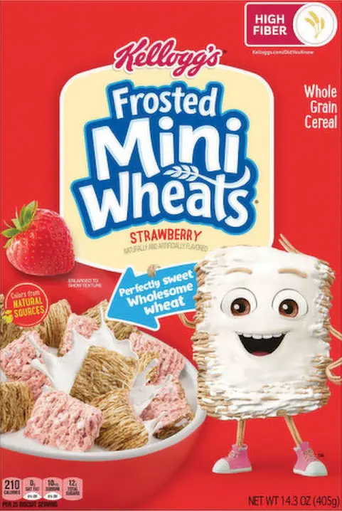Frosted Mini-Wheats box featuring strawberry-flavored cereal.