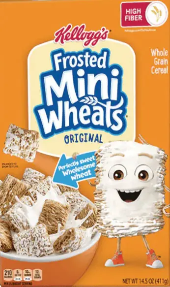 Cereal box with cartoon wheat character smiling.