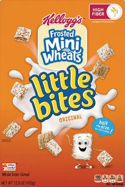 Kellogg's Mini Wheats cereal box with mascot smiling.