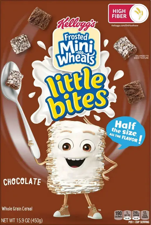 Smiling cereal cartoon holding spoon with chocolate squares.
