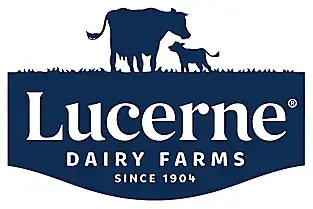 Cow and calf silhouette over Lucerne Dairy logo.