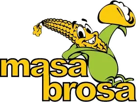 Corn mascot holding taco, text reads "masa brosa".