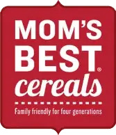 Mom’s Best Cereals logo on red background.