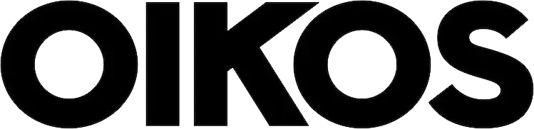 Text reads "OIKOS" in bold, black letters.