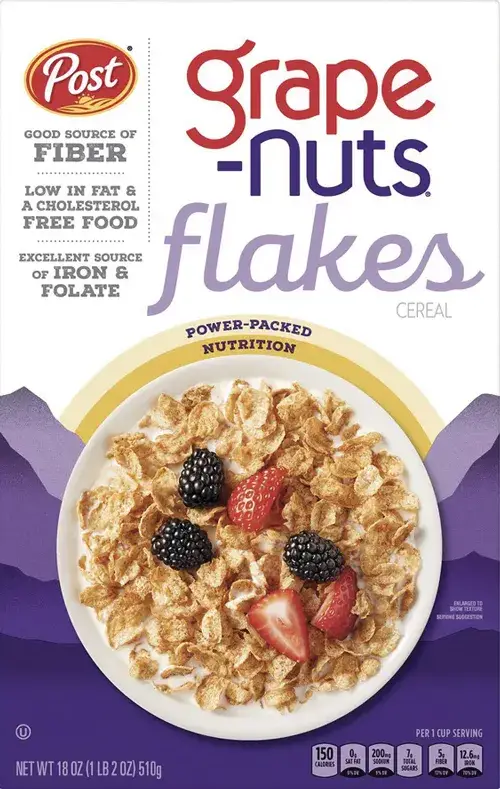 Cereal box with berries, highlighting nutritional benefits.