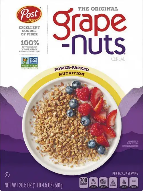 Grape-Nuts cereal box with berries and milk.