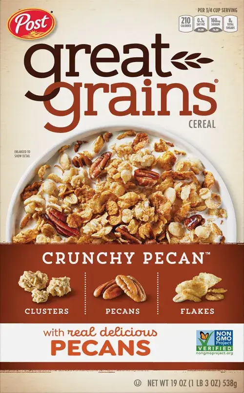Cereal box displaying crunchy pecan clusters and flakes.