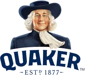 Smiling person in a blue hat, Quaker logo below.