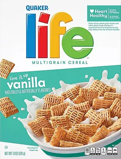 Cereal splashing into milk, heart healthy labeling.
