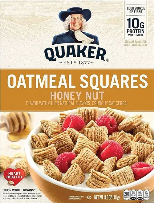Box of Quaker Honey Nut Oatmeal Squares cereal.