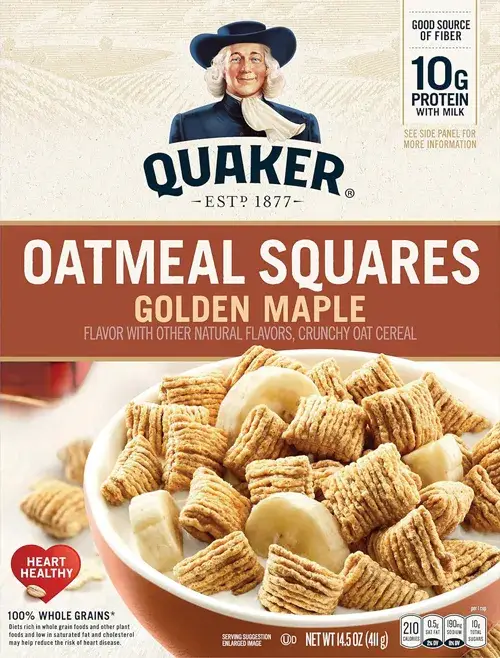 Quaker Oatmeal Squares cereal with banana slices.