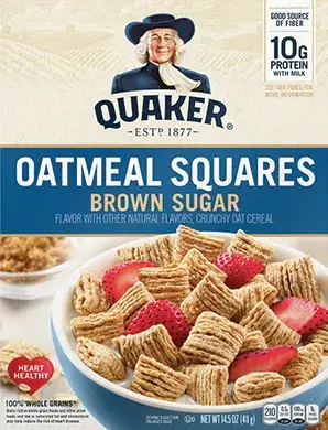 Quaker Oatmeal Squares cereal with strawberries in bowl.