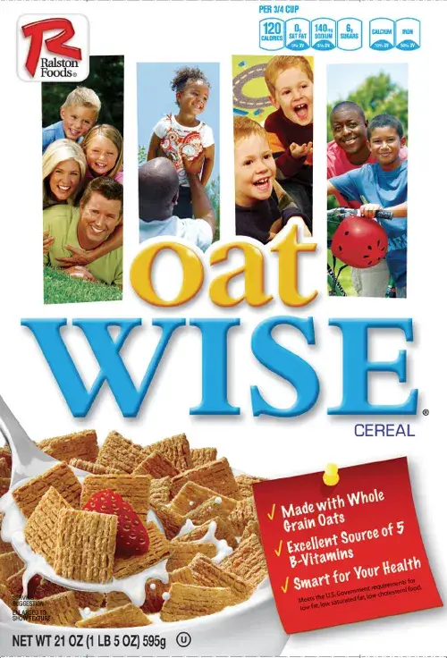 Smiling kids playing above cereal box advertisement.