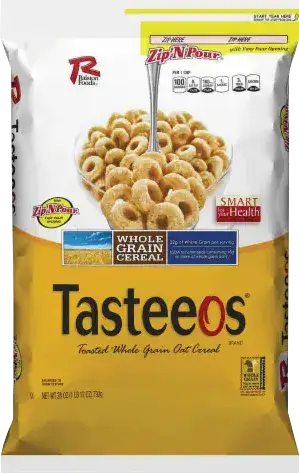 Cereal bag displaying Tasteeos whole grain oat cereal.