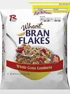 Wheat bran flakes cereal bag with fiber content.