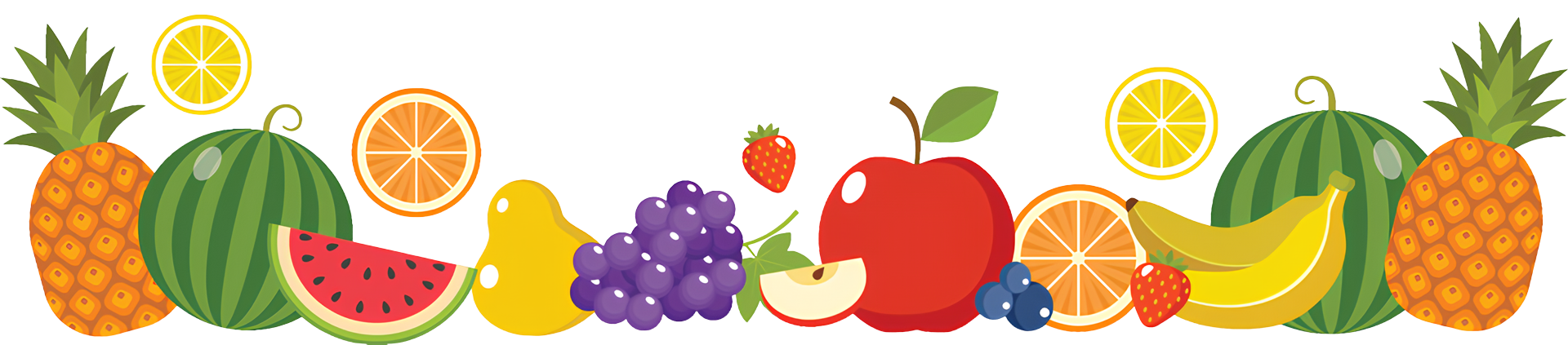 Colorful fruits arranged in a row against striped background.