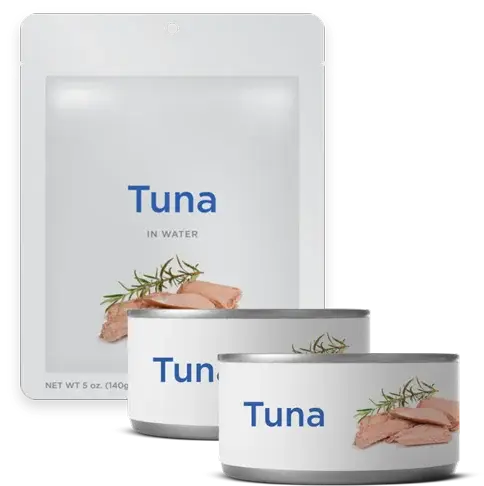 Tuna packets and cans displayed with rosemary garnish.