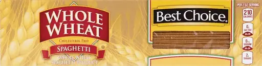 Whole wheat spaghetti packaging with nutritional information visible.