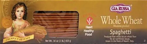 Whole wheat spaghetti package with heart healthy label.