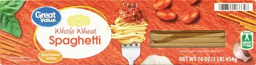 Whole wheat spaghetti packaging with fork and tomatoes.