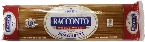 Racconto whole wheat spaghetti package on display.