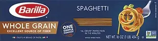 Barilla whole grain spaghetti package with fiber label.