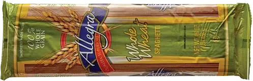 Whole wheat spaghetti package with green and gold design.