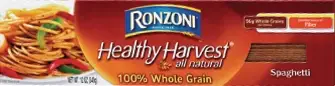 Whole grain spaghetti box with colorful pasta image.