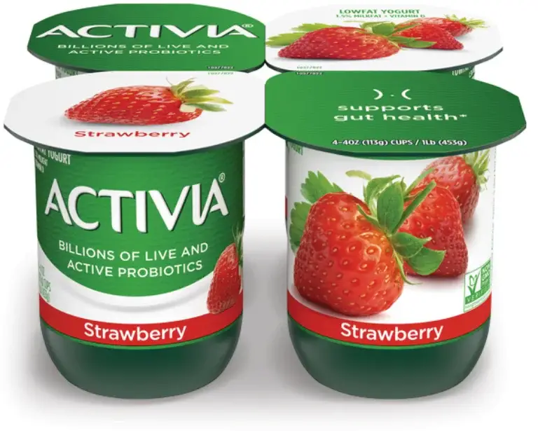Strawberry yogurt packs promoting probiotic benefits.