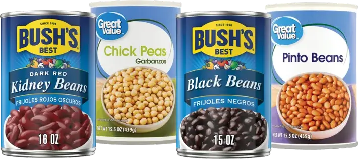 Cans of kidney, chickpeas, black, and pinto beans.