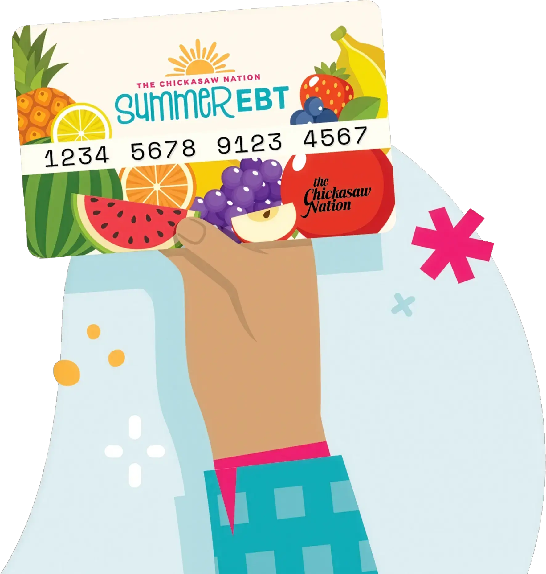 Hand holding colorful Chickasaw Nation Summer EBT card.