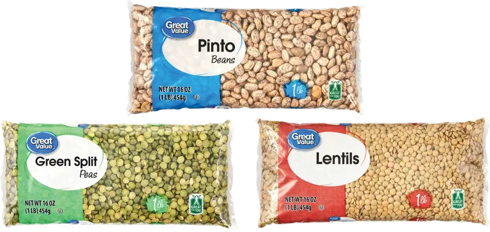 Pinto beans, green split peas, and lentils packages.